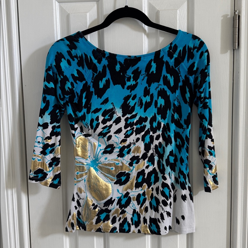 Caché Vintage Rare Multicolor Animal Print Top w/ Gold Metallic Embellishments - Picture 6 of 11